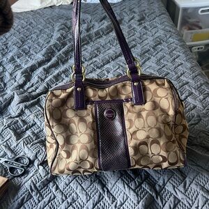 Vintage Coach Tan and Purple Signature Shoulder Bag
